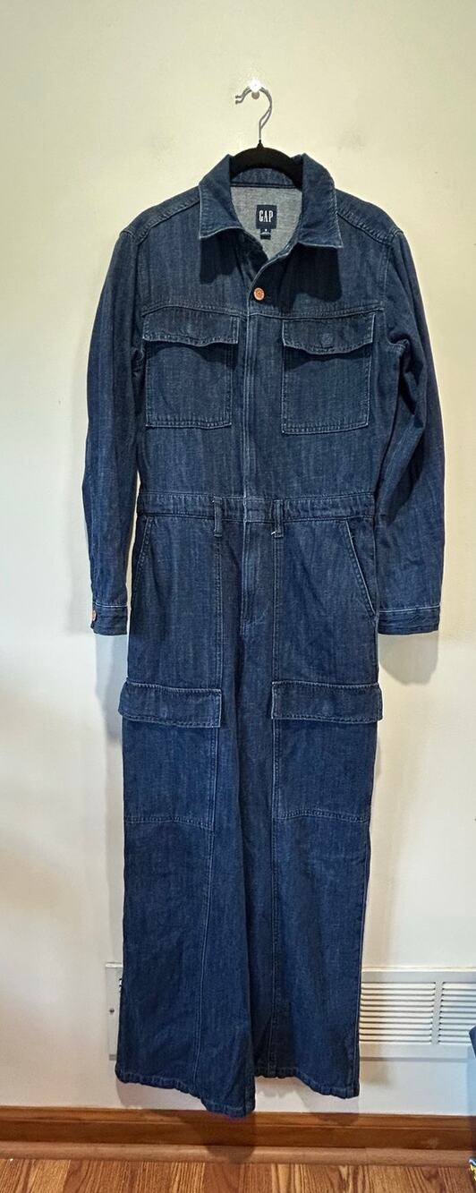 GAP denim overall jumpsuit size 4 wide leg dark wash utility long sleeve